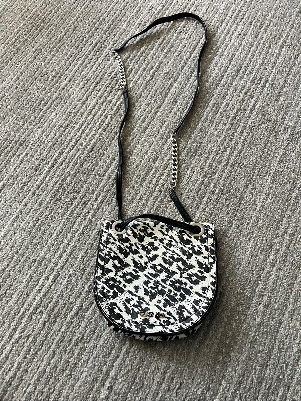 Calvin Klein Black & White Patterned Crossbody Saddle Bag